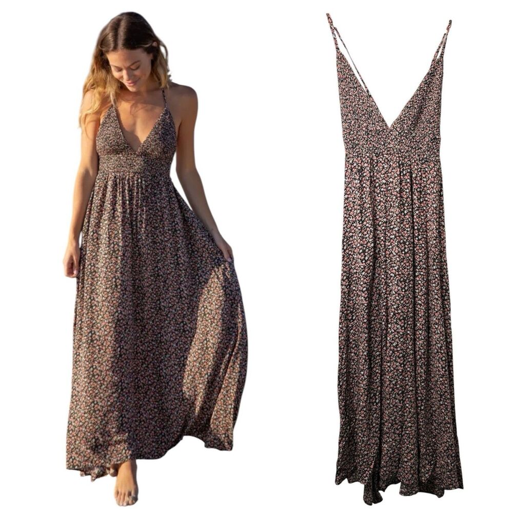 Natural Life Sandy Maxi Dress XL Black Floral Smocked V Neck Ditsy Boho Cottage